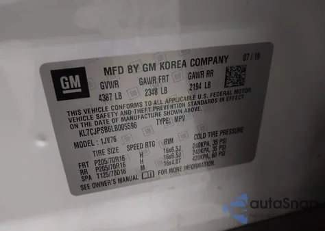 2020 Chevrolet Trax Awd Lt from USA, damaged, VIN KL7CJPSB6LB005596